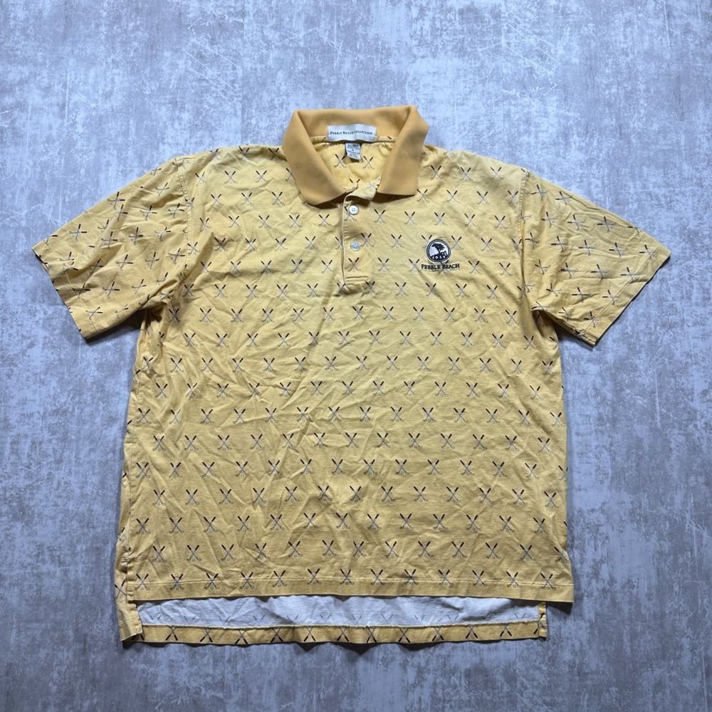 Pebble Beach Polo Shirt Mens Medium Yellow Golf Club Print Mercerized Cotton USA